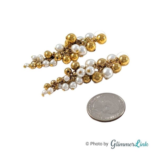 Vintage Two Tone Faux Pearl Grapevine Cluster Dangle Gold Tone Pierced Earrings - Picture 5 of 7